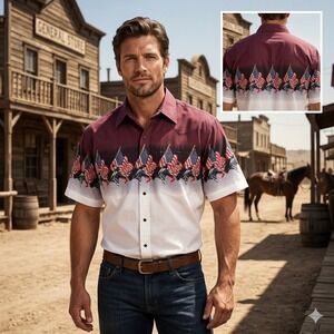 High Noon Mens XL Vintage Western Shirt Patriotic American Flag Horse Pearl Snap